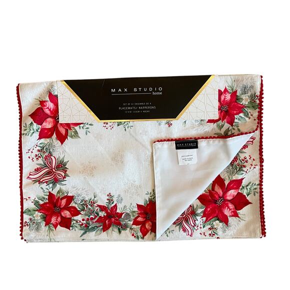 Max Studio Christmas Poinsettia & Bows Placemats 13x19 Set of 4 Holiday Red NEW - Picture 13 of 14